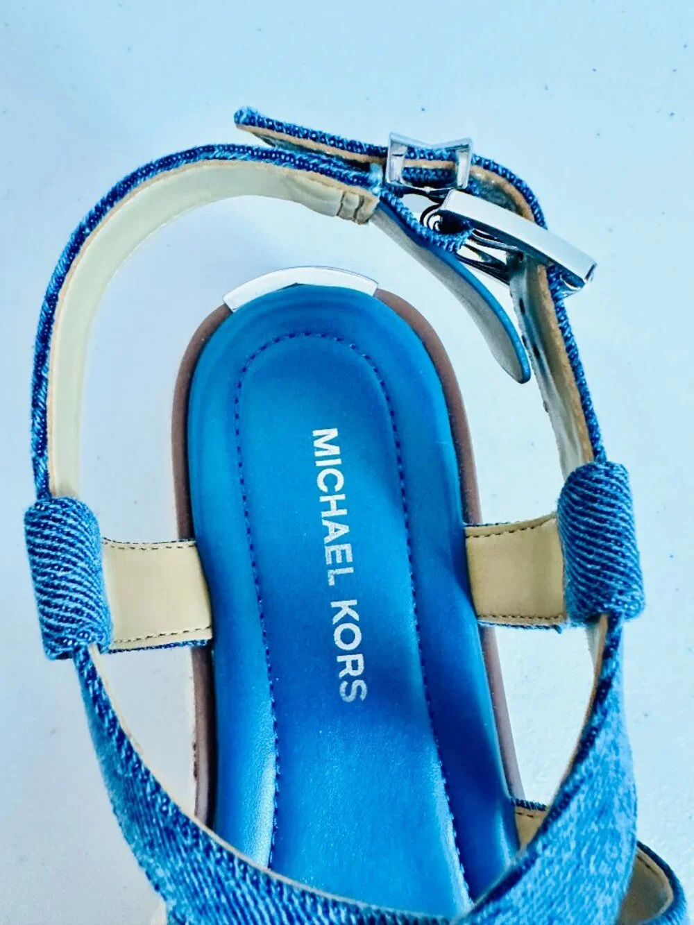 NEW MICHAEL KORS DENIM STRAPPY PLATFORM SANDALS 7.5M